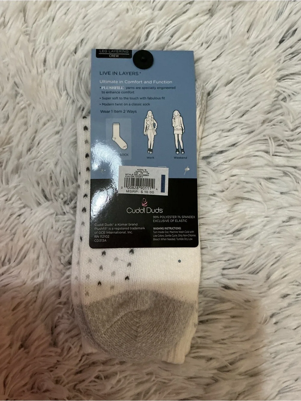 Cuddl Duds Plushfill 360 Leg Layering Crew Socks Ivory Heart Print Size 4-10